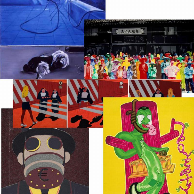 Une œuvre d’art figurative française contemporaine vibrante et narrative exposée dans un musée moderne